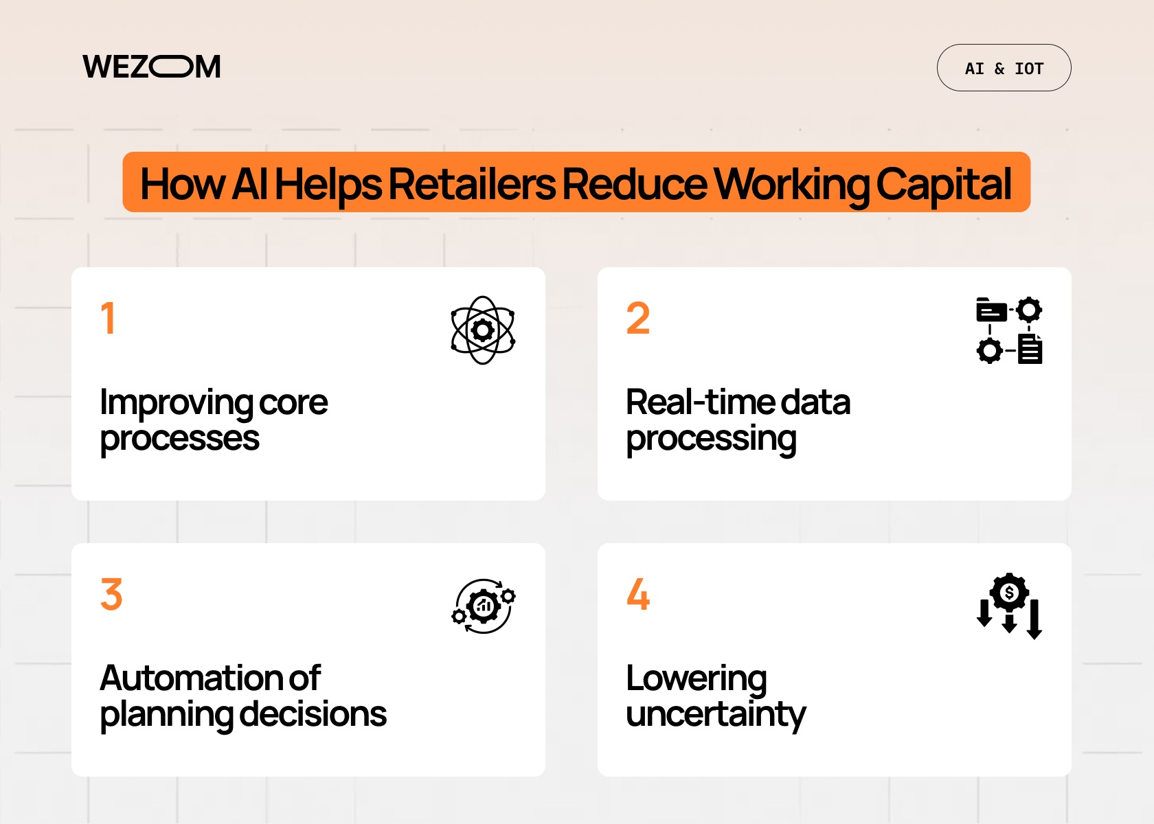 How AI helps retailers reduce working capital through improving core processes, real-time data processing, automation in retail planning and lowering uncertainty How AI helps retailers reduce working capital through improving core processes, real-time data processing, automation in retail planning and lowering uncertainty